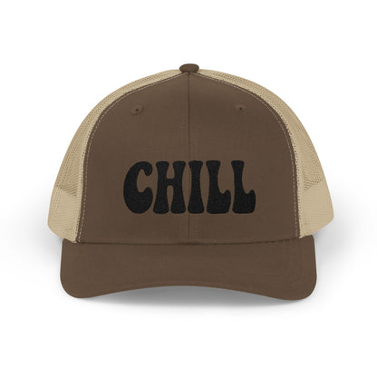 Chill Trucker Hat – Embroidered Relaxed Script Hat for Easygoing Vibes and Everyday Cool. Black Letters