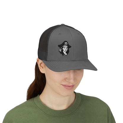 Hot Pirate Girl Trucker Hat – Bold Skull and Crossbones Hat with Retro Attitude and Seafaring Sass