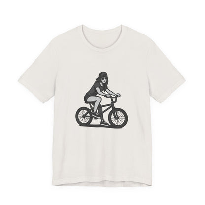 Cool Girl on Bike Graphic T-Shirt – Laid-Back Dark Theme Grayscale Rider Design on Black Tee with Street Style and Subtle Modern Ghost Effect. Unisex Jersey Short Sleeve Tee