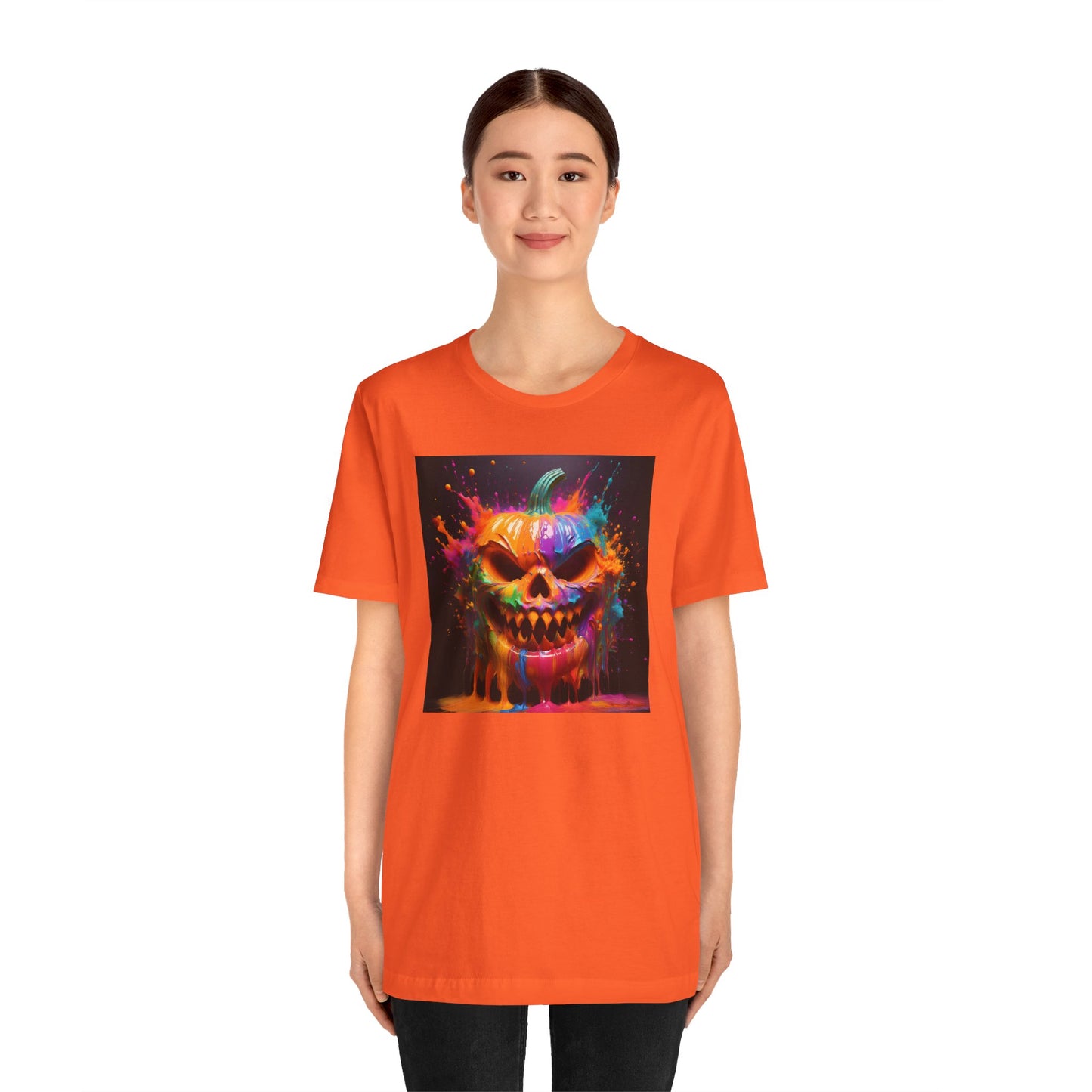 Neon Splatter Pumpkin Halloween Shirt – Vibrant Dripping Jack-o’-Lantern Graphic Tee for Bold Spooky Style
