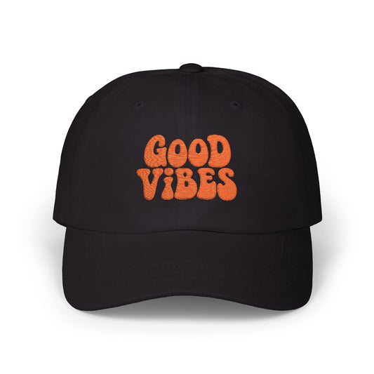 Good Vibes Classic Dad Hat – Embroidered Retro Text Hat for Positive Vibes, Chill Style, and Everyday Feel-Good Energy. Orange Letters