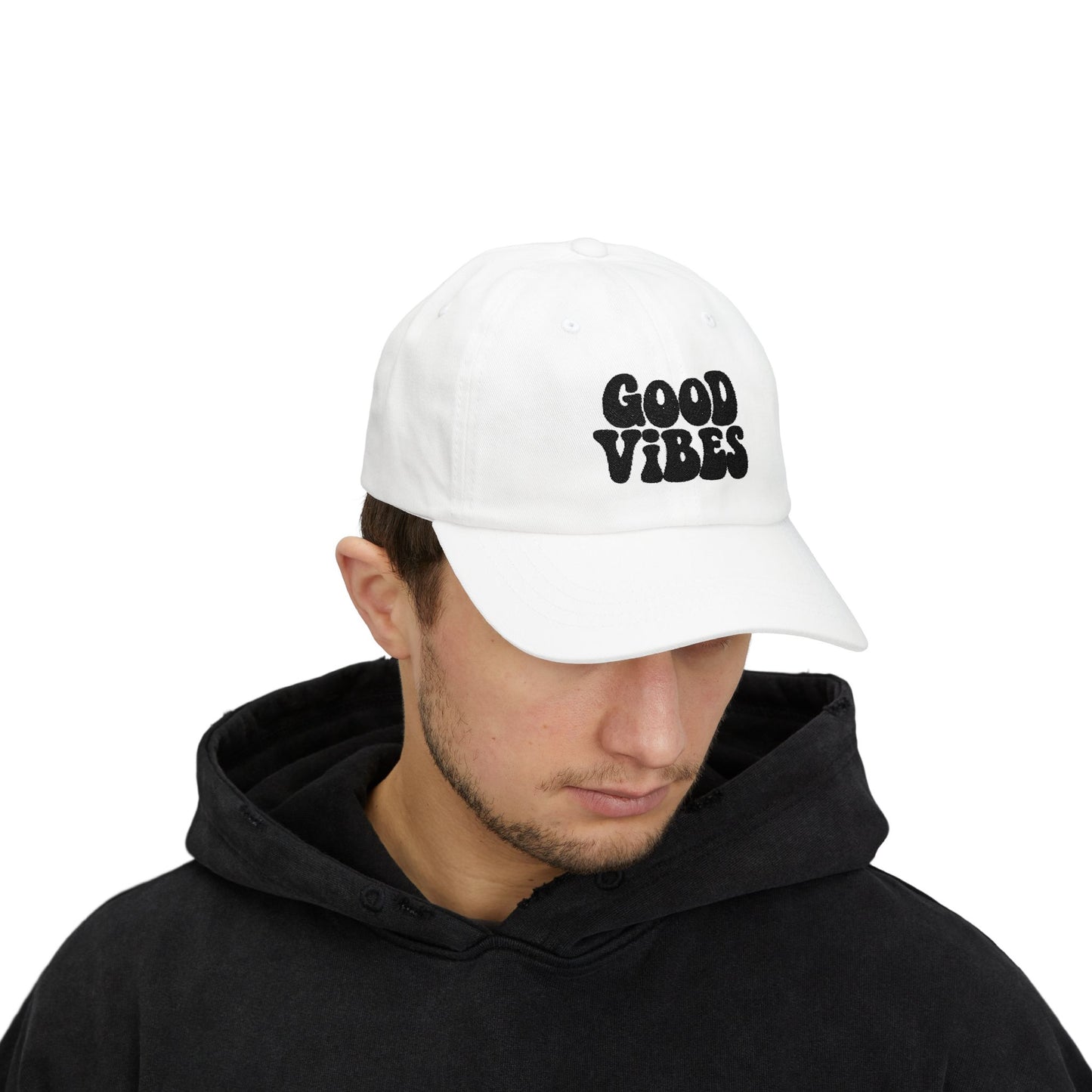 Good Vibes Classic Dad Hat – Embroidered Retro Text Hat for Positive Vibes, Chill Style, and Everyday Feel-Good Energy. Black Letters