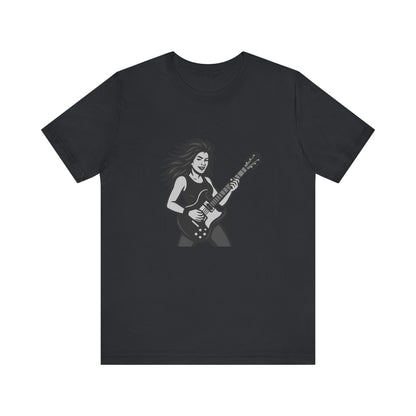 Rock Guitar Girl Graphic T-Shirt – Dark Theme Grayscale Electric Guitarist Design on Black Tee with Music Attitude and Modern Ghost Effect. Unisex Jersey Short Sleeve Tee