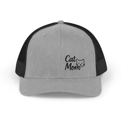 Cat Mom Trucker Hat – Embroidered Minimalist Cat Face Hat for Proud Pet Moms and Stylish Feline Fans. Black Letters