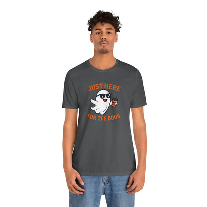 Just Here for the Boos Halloween Shirt – Funny Ghost Drinking Coffee Graphic Tee for Spooky Season