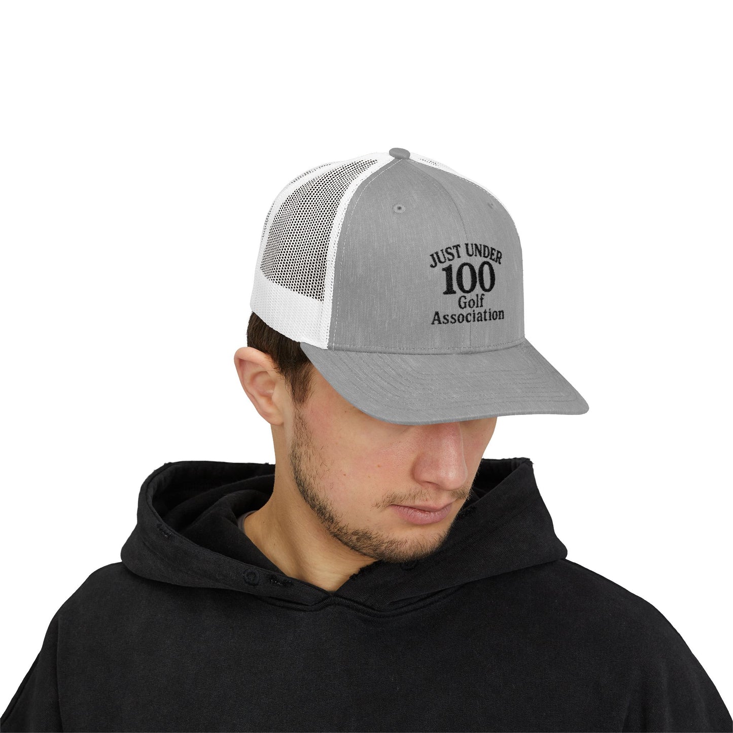 Just Under 100 Golf Trucker Hat – Embroidered Funny Golf Hat for Weekend Golfers and Casual Fairway Vibes. Black Letters