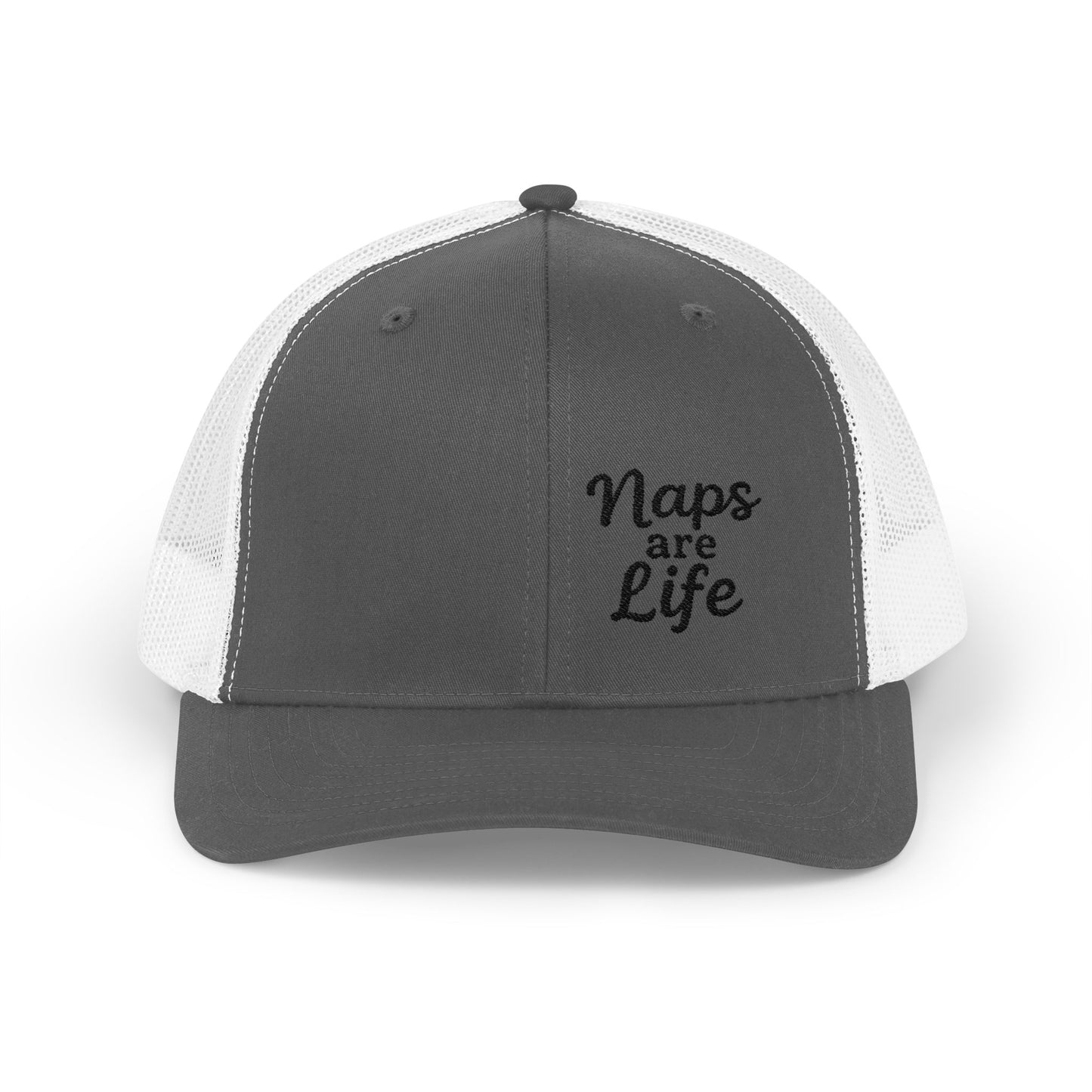 Naps Are Life Trucker Hat – Embroidered Funny Hat for Pro-Level Nappers. Black Letters