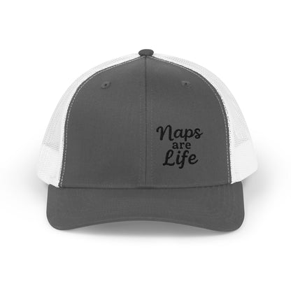 Naps Are Life Trucker Hat – Embroidered Funny Hat for Pro-Level Nappers. Black Letters