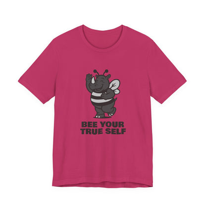 Bee Your True Self T-Shirt – Dark Theme Grayscale Rhino in Bee Costume on Black Tee with Wholesome Humor and Self-Expression Message. Unisex Jersey Short Sleeve Tee
