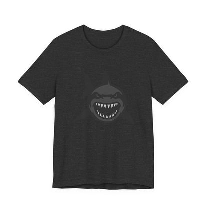 Ferocious Shark Face Graphic Tee with a Bold Bite – Dark Theme Ocean Predator Shirt in Black and Grey. Unisex Jersey Short Sleeve Tee