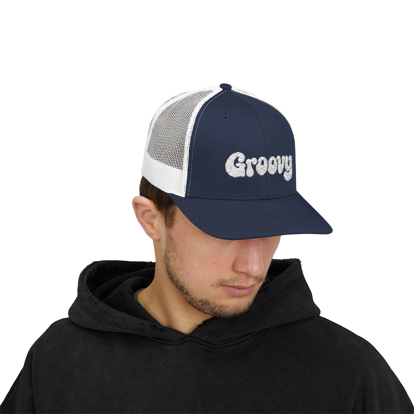 Groovy Trucker Hat – Retro Embroidered Hat with 70s Style Font for Funky Vibes, Chill Days, and Vintage Cool. White Letters