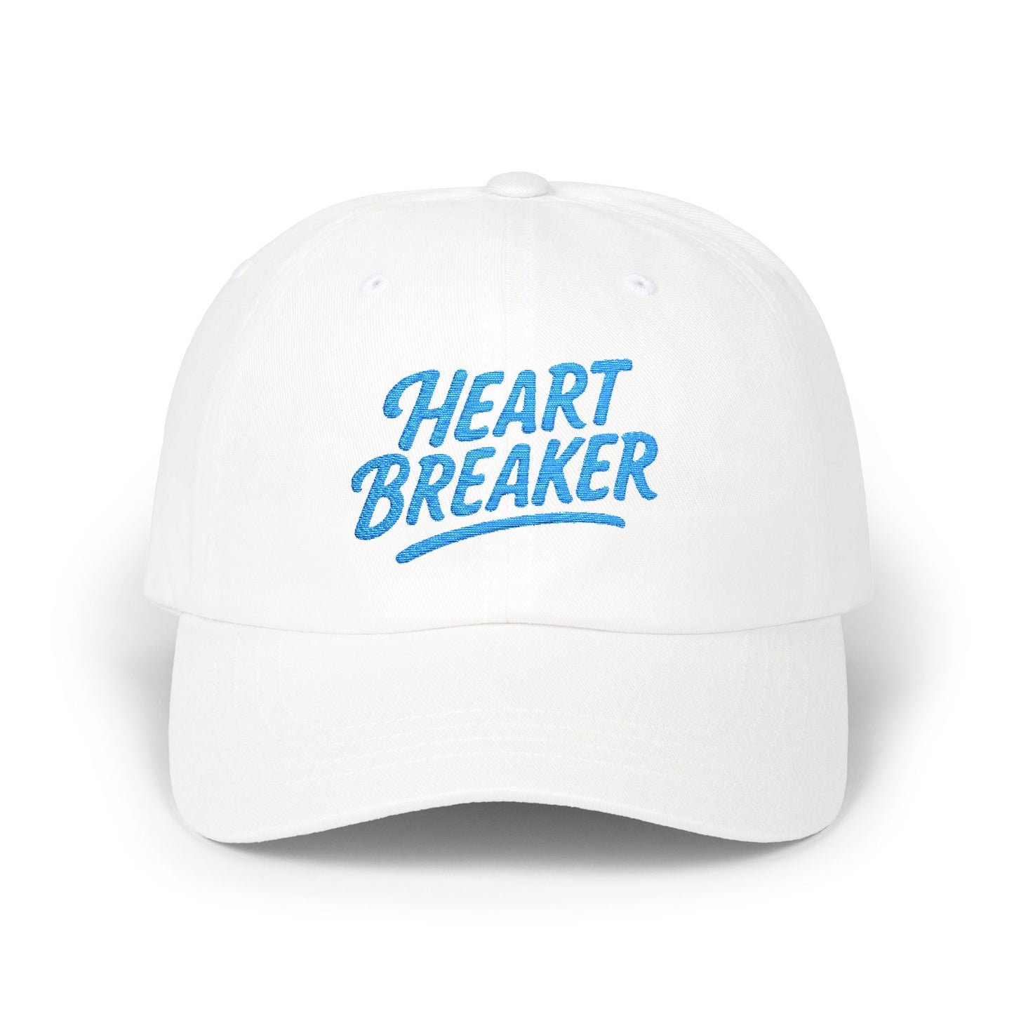 Heartbreaker Embroidered Classic Dad Hat – Bold Baseball Hat with Retro Script and Broken Heart Design for Confident Rule-Breakers. Blue Letters
