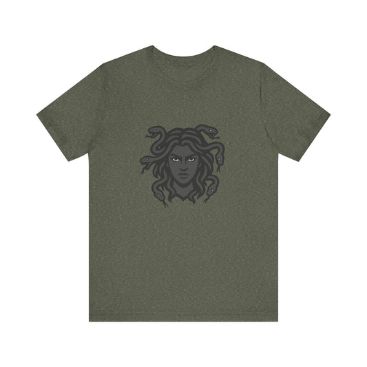 Medusa Graphic T-Shirt – Dark Theme Grayscale Snake-Haired Gorgon Design on Black Tee with Dark Myth Vibe and Modern Ghost Effect. Unisex Jersey Short Sleeve Tee