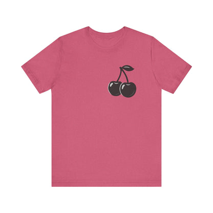 Dark Cherry Graphic T-Shirt – Minimal Dark Theme Grayscale Fruit Design on Black Tee with Subtle Style and Modern Ghost Effect. Unisex Jersey Short Sleeve Tee