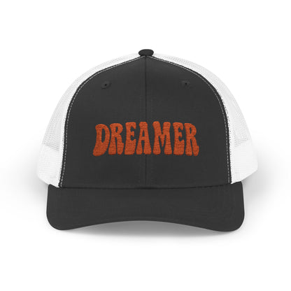 Dreamer Trucker Hat – Embroidered Minimalist Script Hat for Visionaries, Creatives, and Chill Daydreamers. Orange Letters