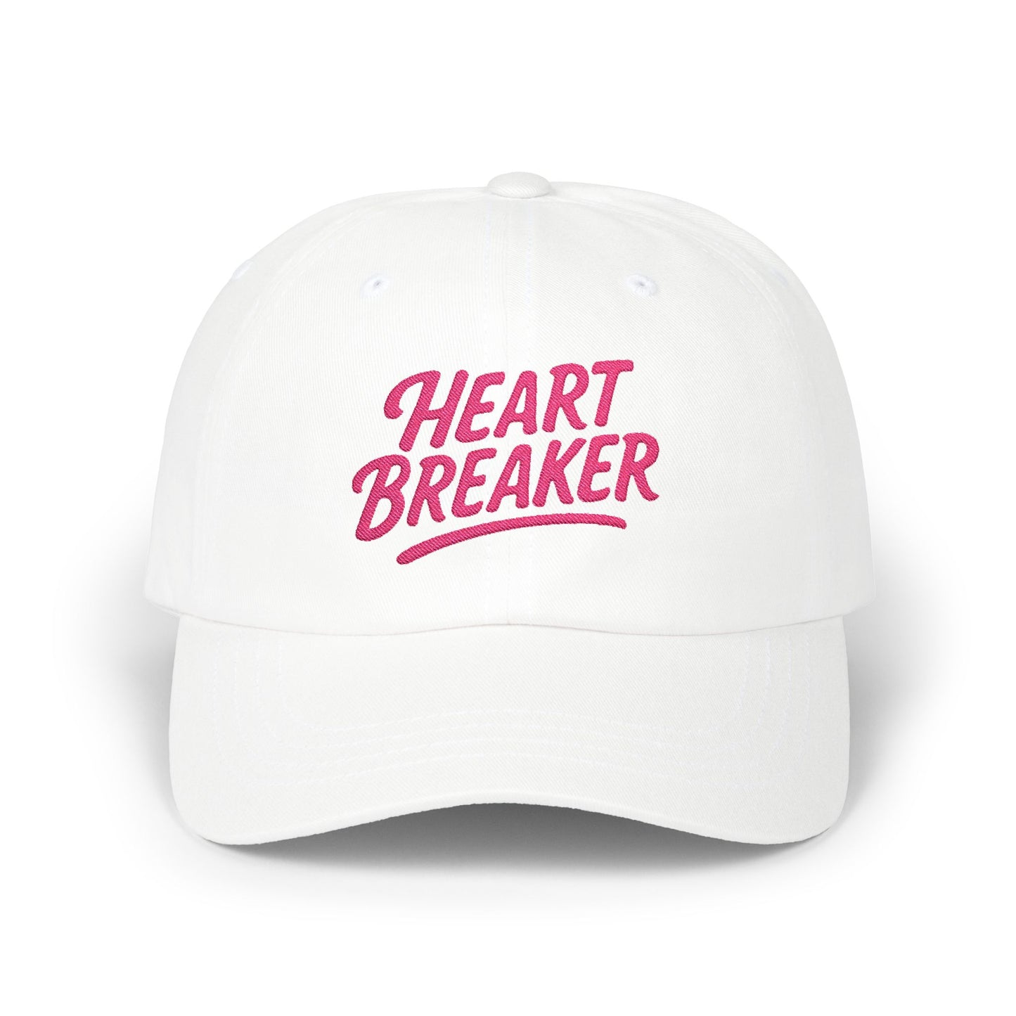 Heartbreaker Embroidered Classic Dad Hat – Bold Baseball Hat with Retro Script and Broken Heart Design for Confident Rule-Breakers. Pink Letters