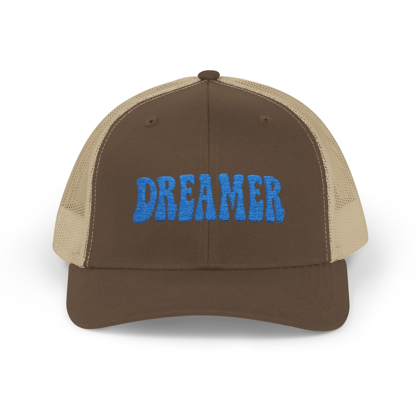 Dreamer Trucker Hat – Embroidered Minimalist Script Hat for Visionaries, Creatives, and Chill Daydreamers. Blue Letters