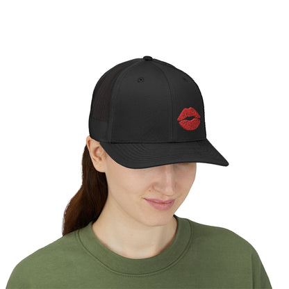 Red Lips Trucker Hat – Embroidered Pop Art Hat with Kiss Design