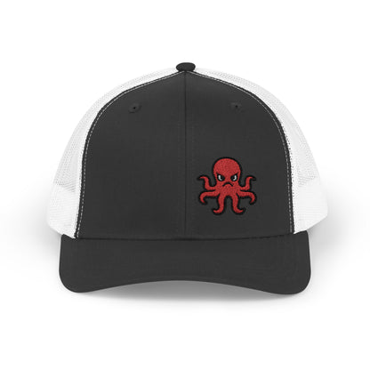 Angry Octopus Trucker Hat – Embroidered Red Sea Creature Hat with Cartoon Vibes and Bold Attitude