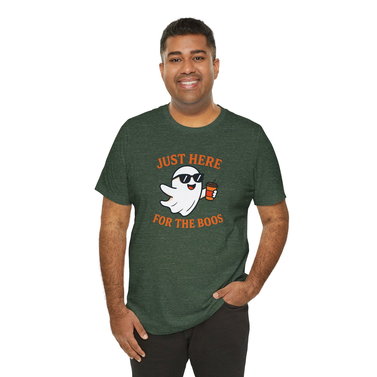Just Here for the Boos Halloween Shirt – Funny Ghost Drinking Coffee Graphic Tee for Spooky Season