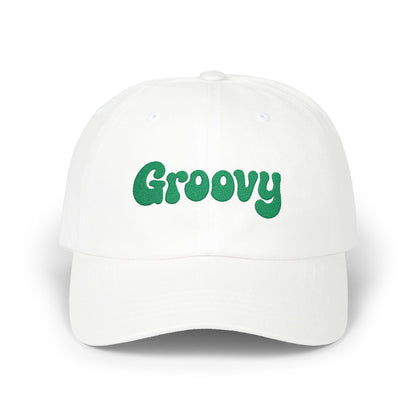 Groovy Classic Dad Hat – Retro Embroidered Hat with 70s Style Font for Funky Vibes, Chill Days, and Vintage Cool. Green Letters
