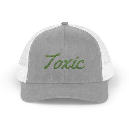 Toxic Trucker Hat – Embroidered Green Script Hat for Ironic Vibes and Bold Personality