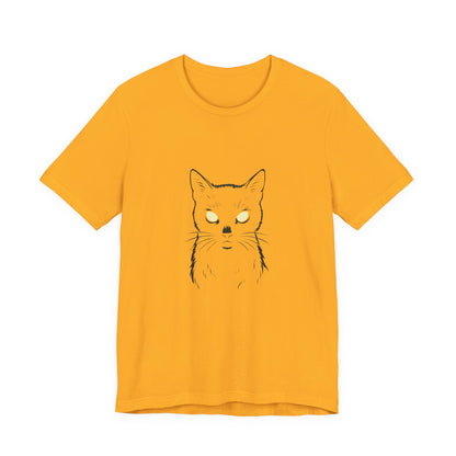 Ghost Cat Eyes Tee – Dark Theme Black Cat Outline with Transparent Face and Glowing Stare. Unisex Jersey Short Sleeve Tee