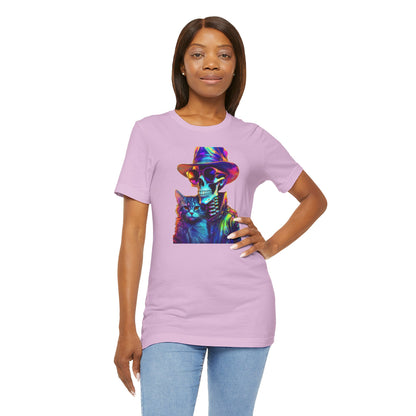 Cool Skeleton and Cat Halloween Shirt – Neon Retro Horror Graphic Tee for Spooky Style and Cat Lovers