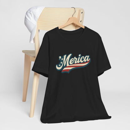 'Merica Vintage Script Shirt – Patriotic Retro USA Tee for 4th of July – Independence Day American Pride Design. Unisex Jersey Short Sleeve Tee