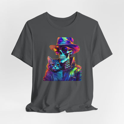 Cool Skeleton and Cat Halloween Shirt – Neon Retro Horror Graphic Tee for Spooky Style and Cat Lovers