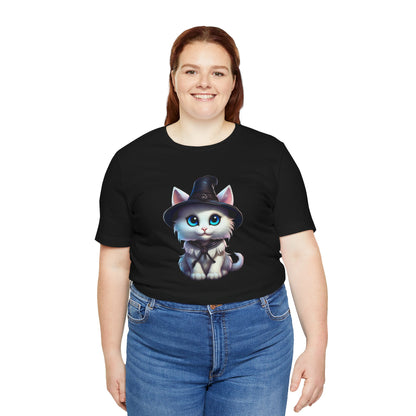 Adorable Witch Cat Halloween Shirt – Cute White Cat in Hat Graphic Tee for Cat Lovers and Halloween Fans