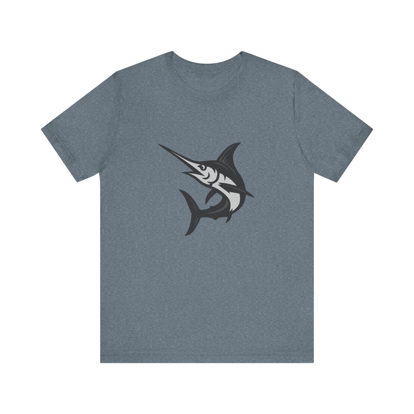 Swordfish Graphic T-Shirt – Dark Theme Grayscale Ocean Predator Design on Black Tee with Streamlined Power and Modern Ghost Effect. Unisex Jersey Short Sleeve Tee