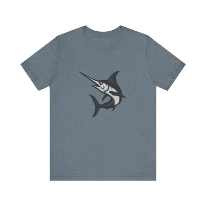 Swordfish Graphic T-Shirt – Dark Theme Grayscale Ocean Predator Design on Black Tee with Streamlined Power and Modern Ghost Effect. Unisex Jersey Short Sleeve Tee