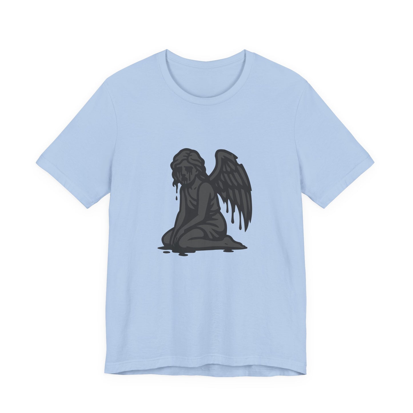 Fallen Angel Dark Theme Graphic T-Shirt – Dark Grayscale Crying Angel Design on Black Tee with Gothic Mood and Modern Ghost Effect. Unisex Jersey Short Sleeve Tee