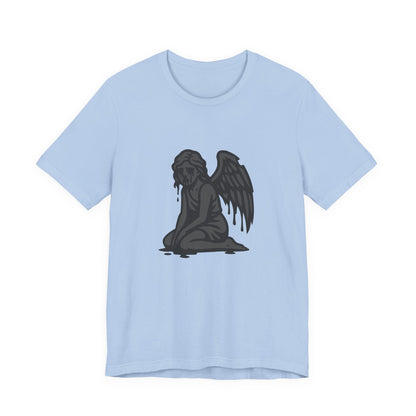Fallen Angel Dark Theme Graphic T-Shirt – Dark Grayscale Crying Angel Design on Black Tee with Gothic Mood and Modern Ghost Effect. Unisex Jersey Short Sleeve Tee