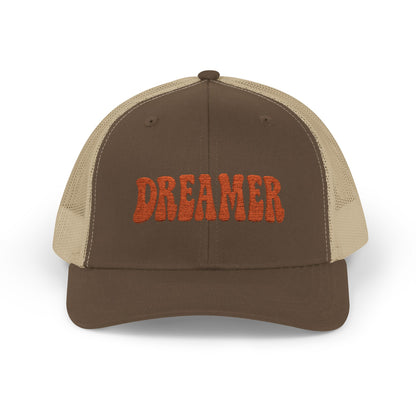 Dreamer Trucker Hat – Embroidered Minimalist Script Hat for Visionaries, Creatives, and Chill Daydreamers. Orange Letters
