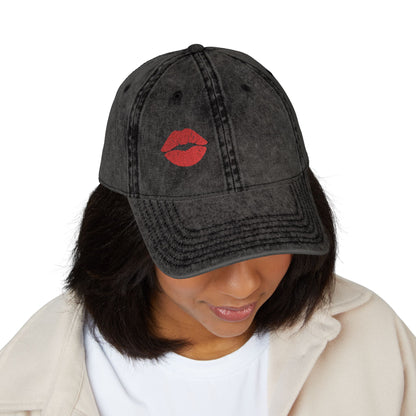 Red Lips Vintage Hat – Bold Embroidered Kiss Hat for Flirty, Fun Style