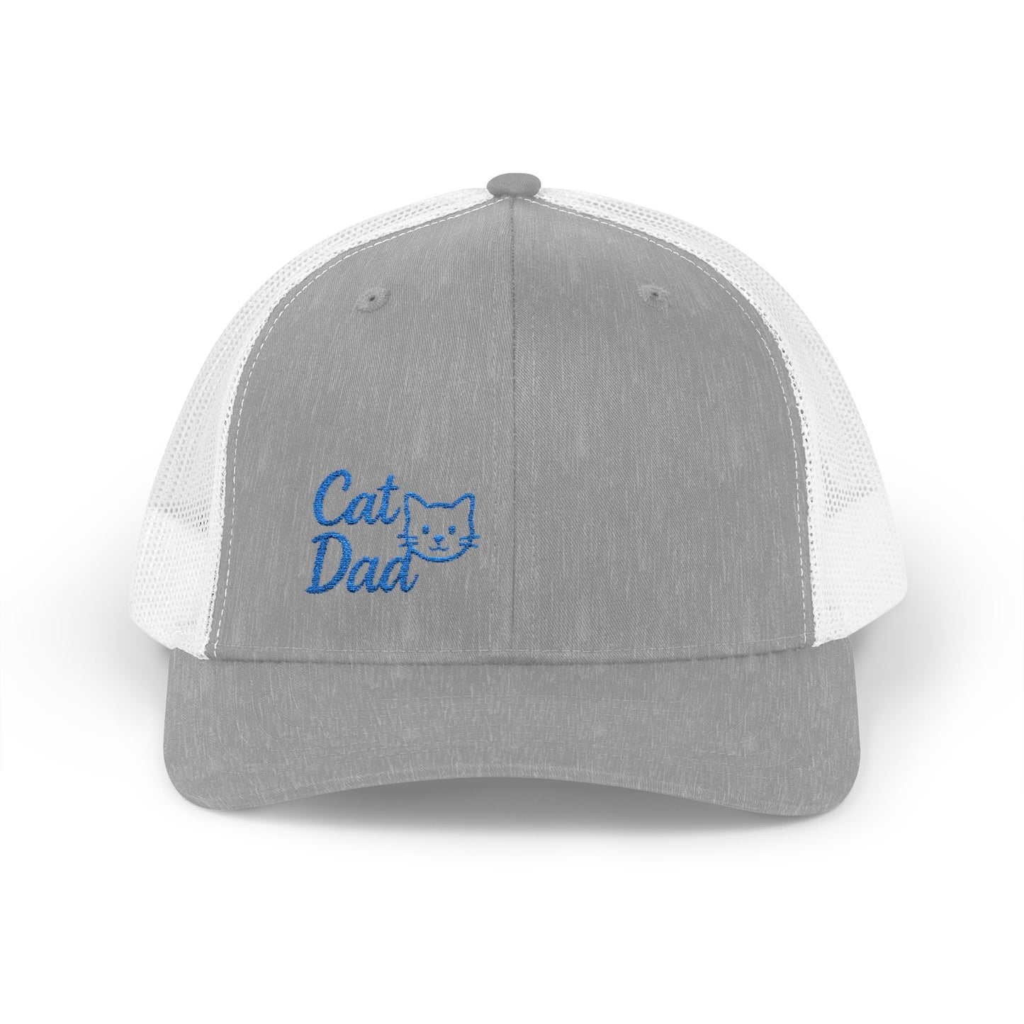 Cat Dad Trucker Hat – Embroidered Minimalist Cat Face Hat for Proud Pet Dads and Feline Fans. Blue Letters