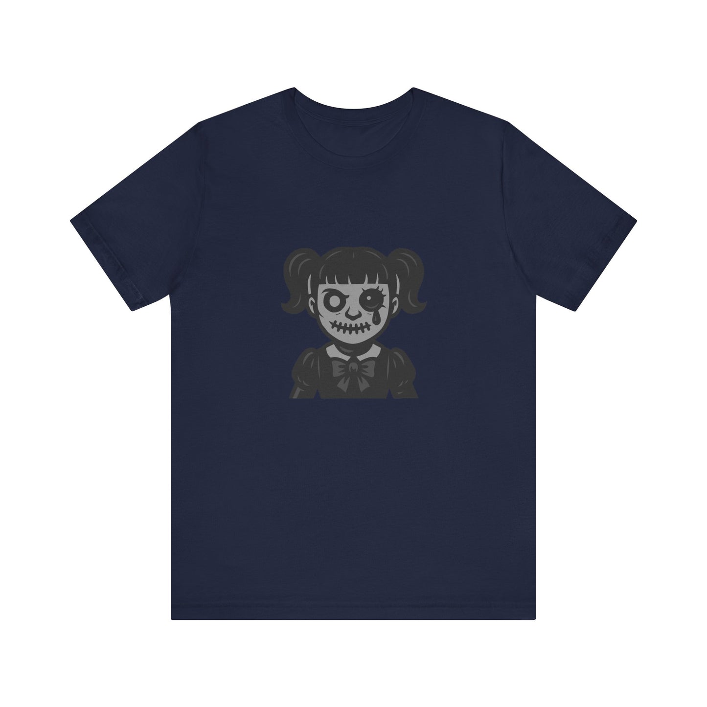 Scary Doll Graphic T-Shirt – Dark Theme Grayscale Creepy Cute Girl Design on Black Tee with Haunted Vibes and Modern Ghost Effect. Unisex Jersey Short Sleeve Tee