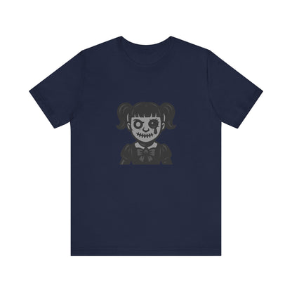 Scary Doll Graphic T-Shirt – Dark Theme Grayscale Creepy Cute Girl Design on Black Tee with Haunted Vibes and Modern Ghost Effect. Unisex Jersey Short Sleeve Tee