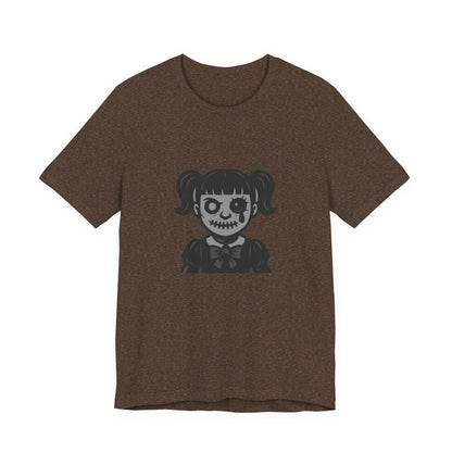 Scary Doll Graphic T-Shirt – Dark Theme Grayscale Creepy Cute Girl Design on Black Tee with Haunted Vibes and Modern Ghost Effect. Unisex Jersey Short Sleeve Tee