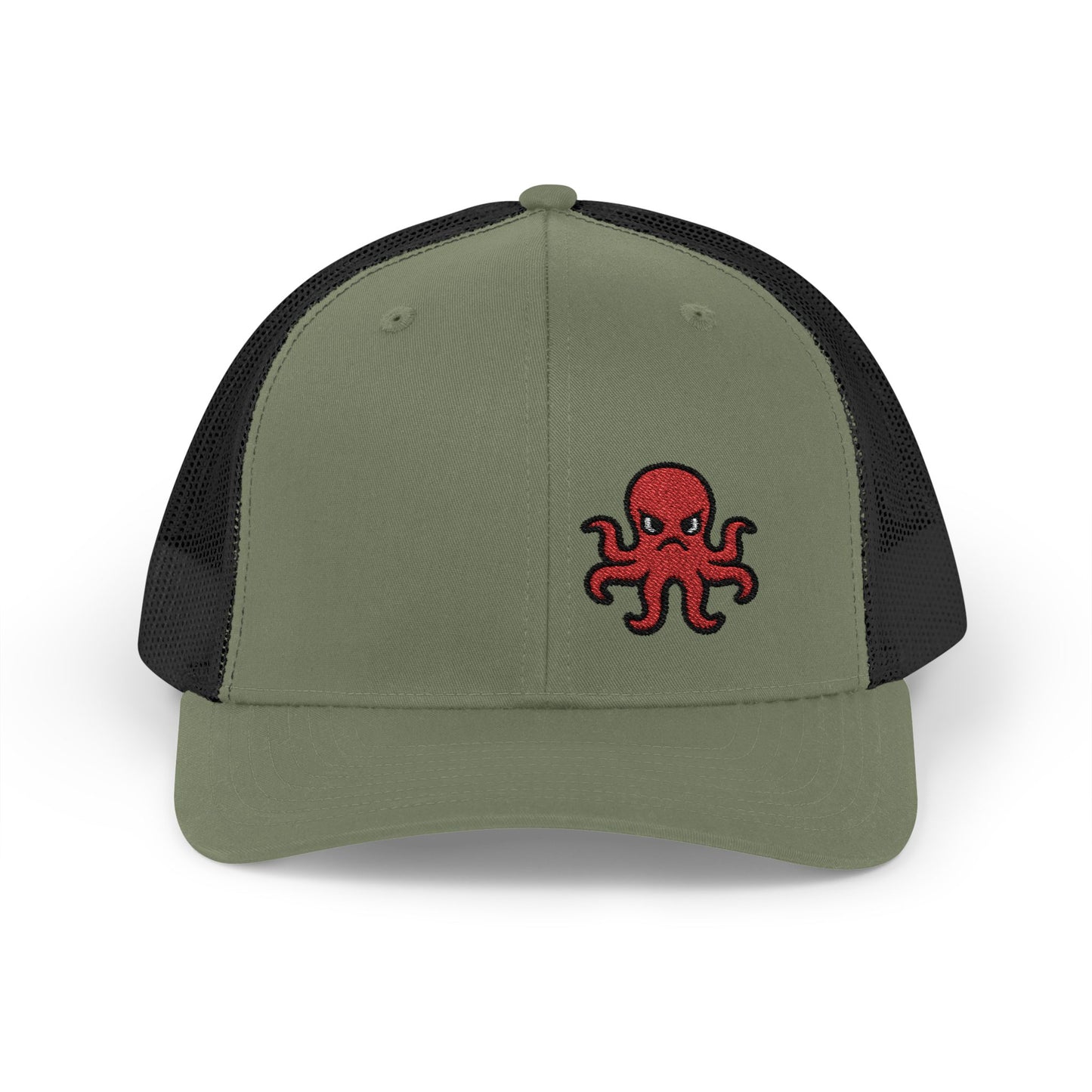 Angry Octopus Trucker Hat – Embroidered Red Sea Creature Hat with Cartoon Vibes and Bold Attitude
