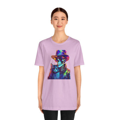 Cool Skeleton and Cat Halloween Shirt – Neon Retro Horror Graphic Tee for Spooky Style and Cat Lovers