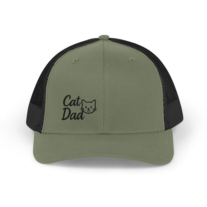 Cat Dad Trucker Hat – Embroidered Minimalist Cat Face Hat for Proud Pet Dads and Feline Fans. Black Letters