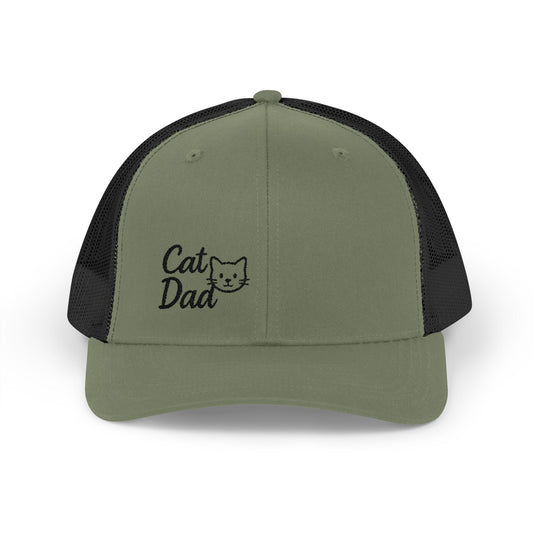 Cat Dad Trucker Hat – Embroidered Minimalist Cat Face Hat for Proud Pet Dads and Feline Fans. Black Letters