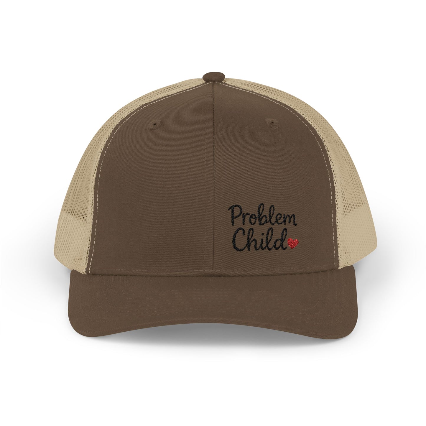 Problem Child Trucker Hat – Bold Script Hat with Red Heart for the Unruly and Unapologetic.