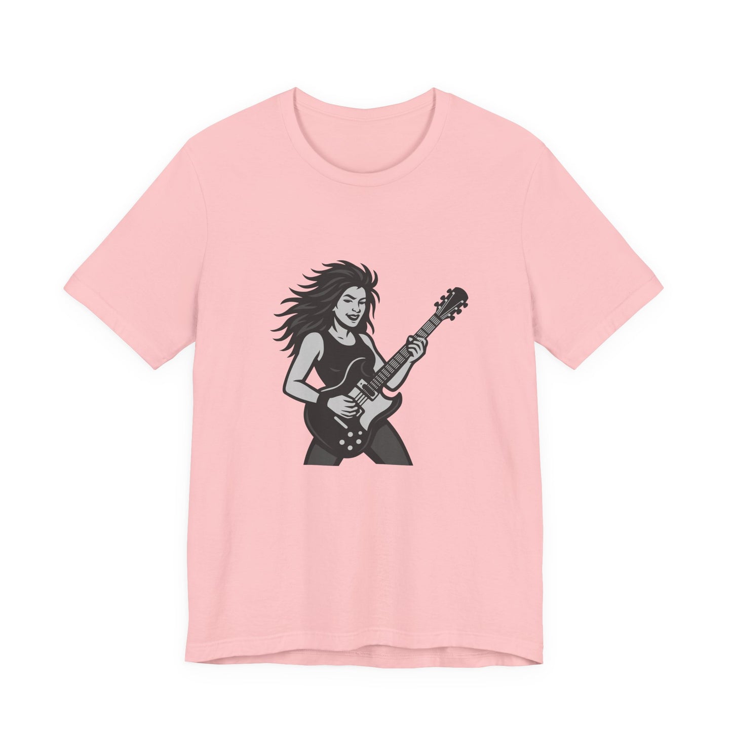 Rock Guitar Girl Graphic T-Shirt – Dark Theme Grayscale Electric Guitarist Design on Black Tee with Music Attitude and Modern Ghost Effect. Unisex Jersey Short Sleeve Tee