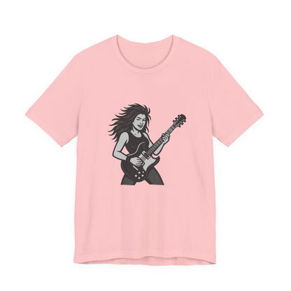 Rock Guitar Girl Graphic T-Shirt – Dark Theme Grayscale Electric Guitarist Design on Black Tee with Music Attitude and Modern Ghost Effect. Unisex Jersey Short Sleeve Tee