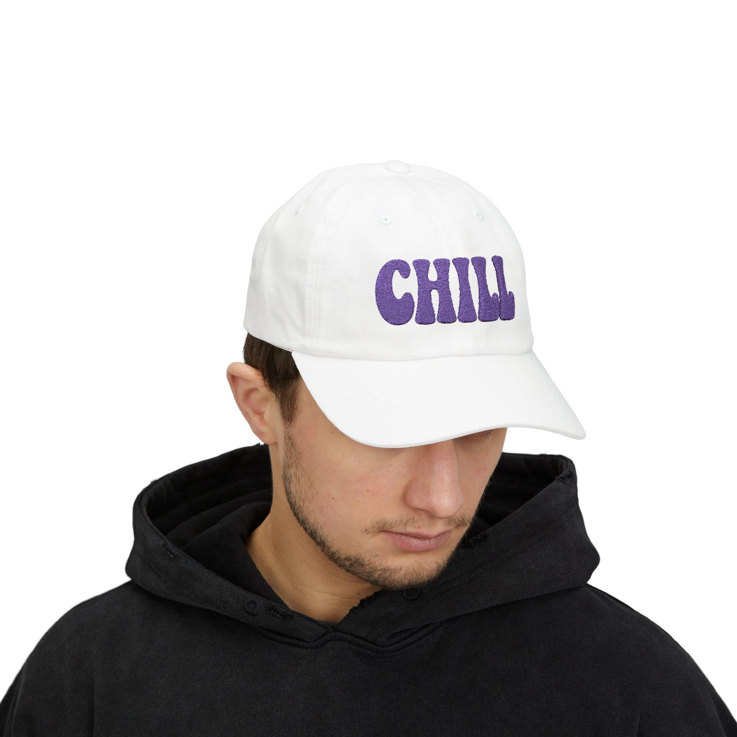 Chill Classic Dad Hat – Embroidered Relaxed Script Hat for Easygoing Vibes and Everyday Cool. Purple Letters