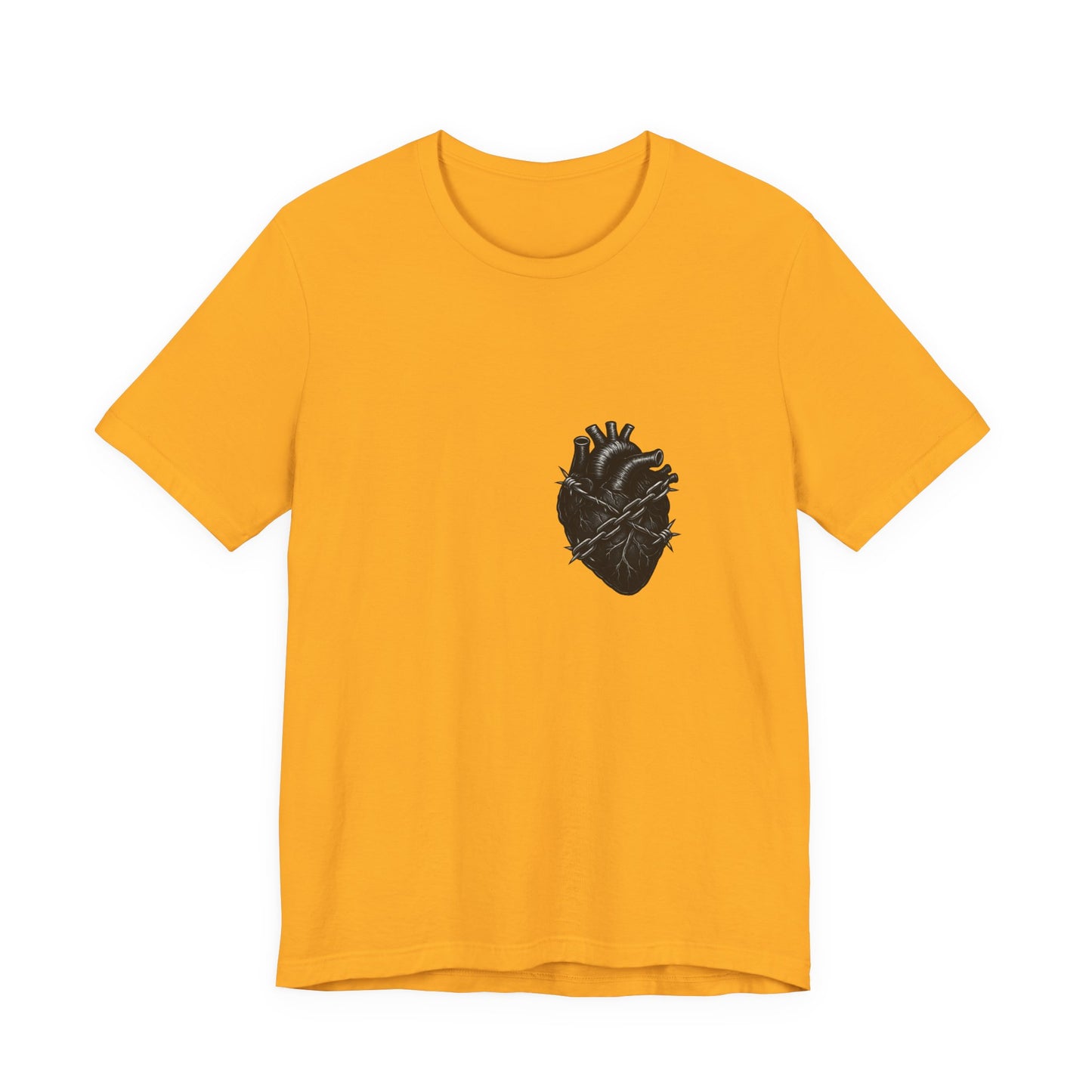 Heart in Chains Shirt – Dark Theme Anatomical Heart Wrapped in Barbed Wire and Commitment Issues. Unisex Jersey Short Sleeve Tee